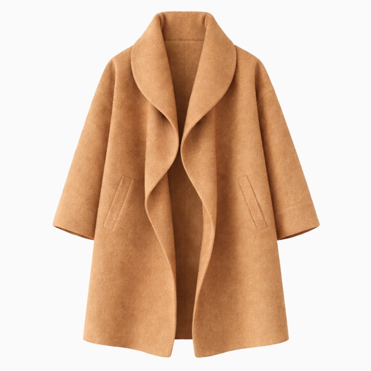 Flat lay product shot of the open-front camel shawl collar coat by Kouvr.