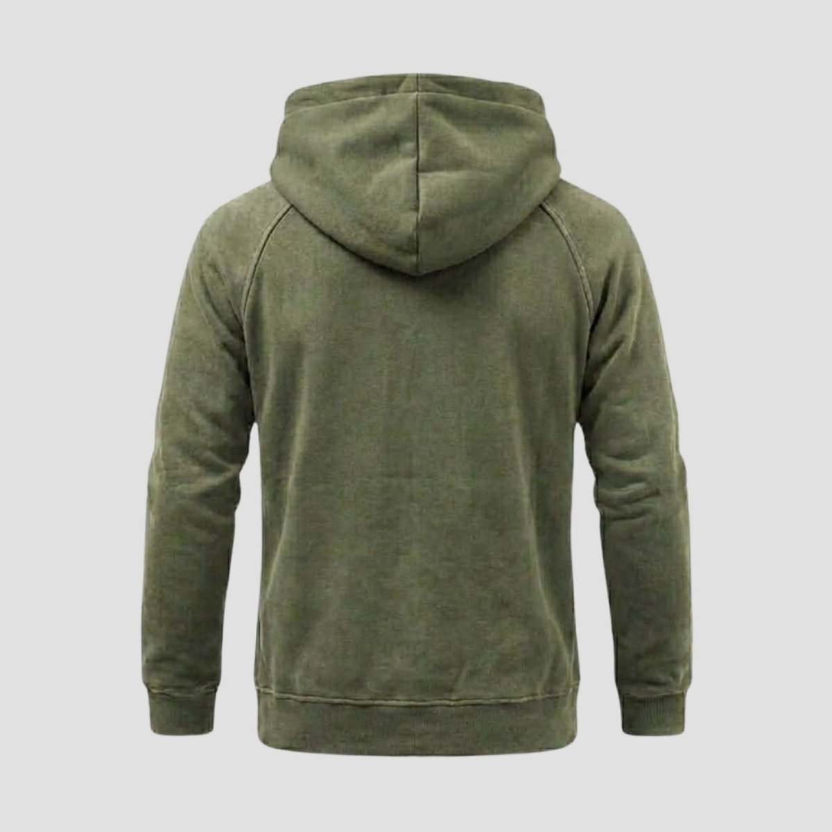 Flat lay of the back of the Kouvr Cannon olive green hoodie, showing the clean design and seam details.