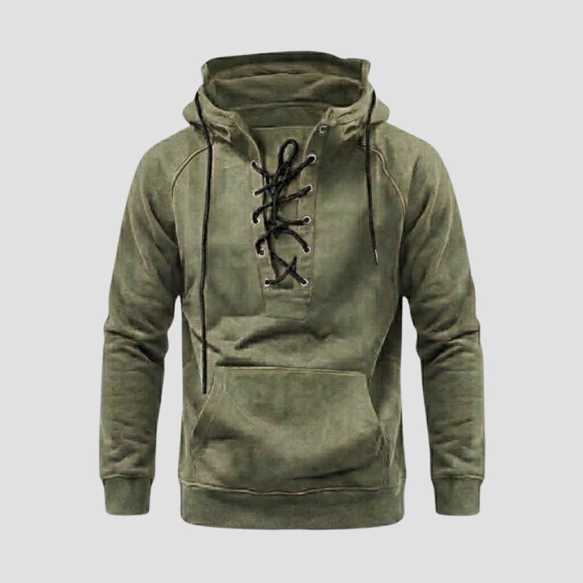 Flat lay product shot of the Kouvr Cannon hoodie in olive green, detailing the vintage wash and black lace-up placket.
