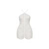 Flat product shot of the Carey white beaded halter mini dress, highlighting the intricate beading pattern from the front.
