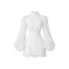 Flat product shot of the front of the Cassie white lace mini dress with long puff sleeves on a light grey background.
