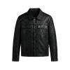 Flat lay product shot of the front of the Kouvr black leather trucker jacket, detailing the chest pockets, collar, and button placket.
