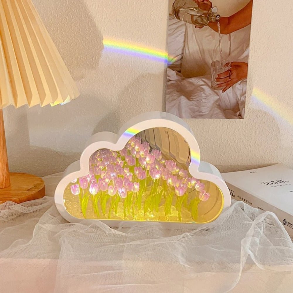 The Blushing Pink edition of the Kouvr Cloud Tulip Infinity Mirror Lamp, showing the deep 3D floral illusion and soft LED lighting.