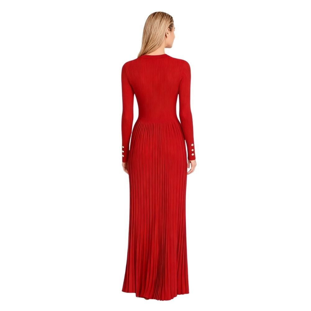 Holiday party dress, women's fall dress, mock neck dress, dress with pearl buttons, sophisticated red dress, luxury knitwear, Parisian style.