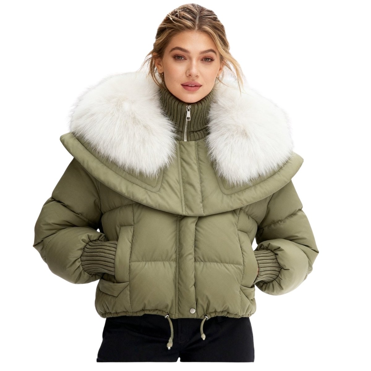 Green Kouvr puffer jacket with white fur hood on a white background