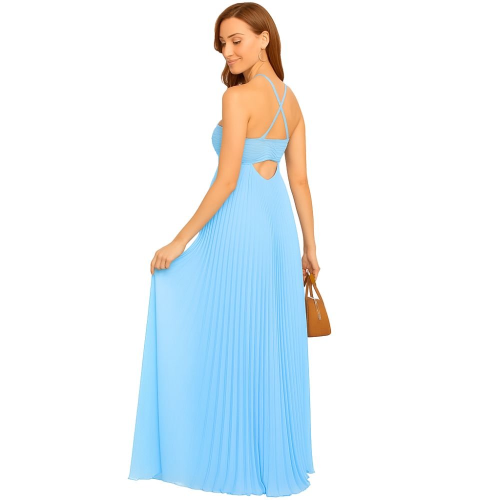 Model wearing Kouvr Fashion Daphne Gown in a blue silk with a cowl neck