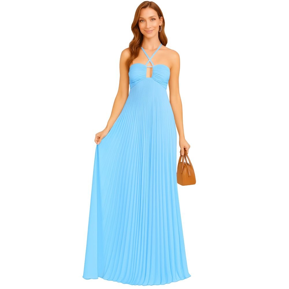 Model wearing Kouvr Fashion Daphne Gown in a blue silk with a cowl neck