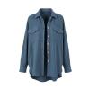 Flat lay of the front of the Kouvr slate blue shacket showing the waffle texture, chest pockets, and button details.