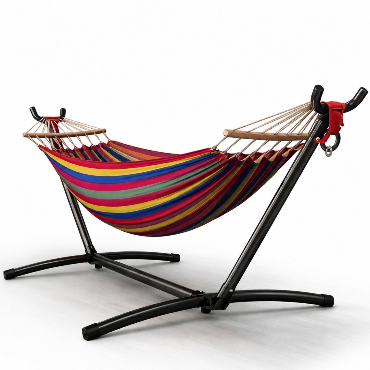 Studio shot of the Kouvr double hammock with stand in a vibrant multicolor stripe pattern, showing the included carry case, carabiners, and 600lb max load capacity icon.