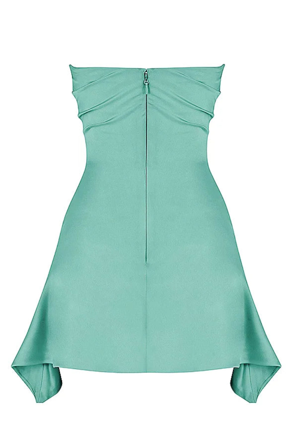 sculpted silhouette," "draped bodice," "sweetheart neckline," "fit and flare," "asymmetrical hem," "lustrous finish