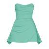 sculpted silhouette," "draped bodice," "sweetheart neckline," "fit and flare," "asymmetrical hem," "lustrous finish