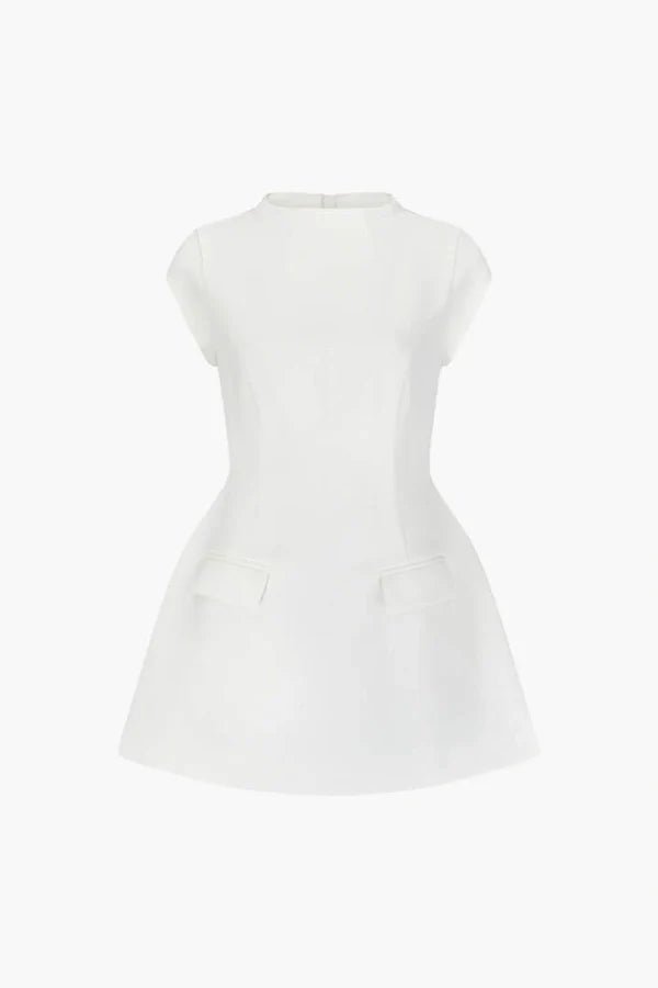 sculptural silhouette", "architectural dress", "modern bridal wear", "bonded crepe fabric", "statement pockets