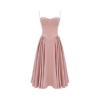 Product-only photo of the Kouvr Evdokia bustier midi dress in pink on a light grey background, highlighting its A-line shape and corset top.