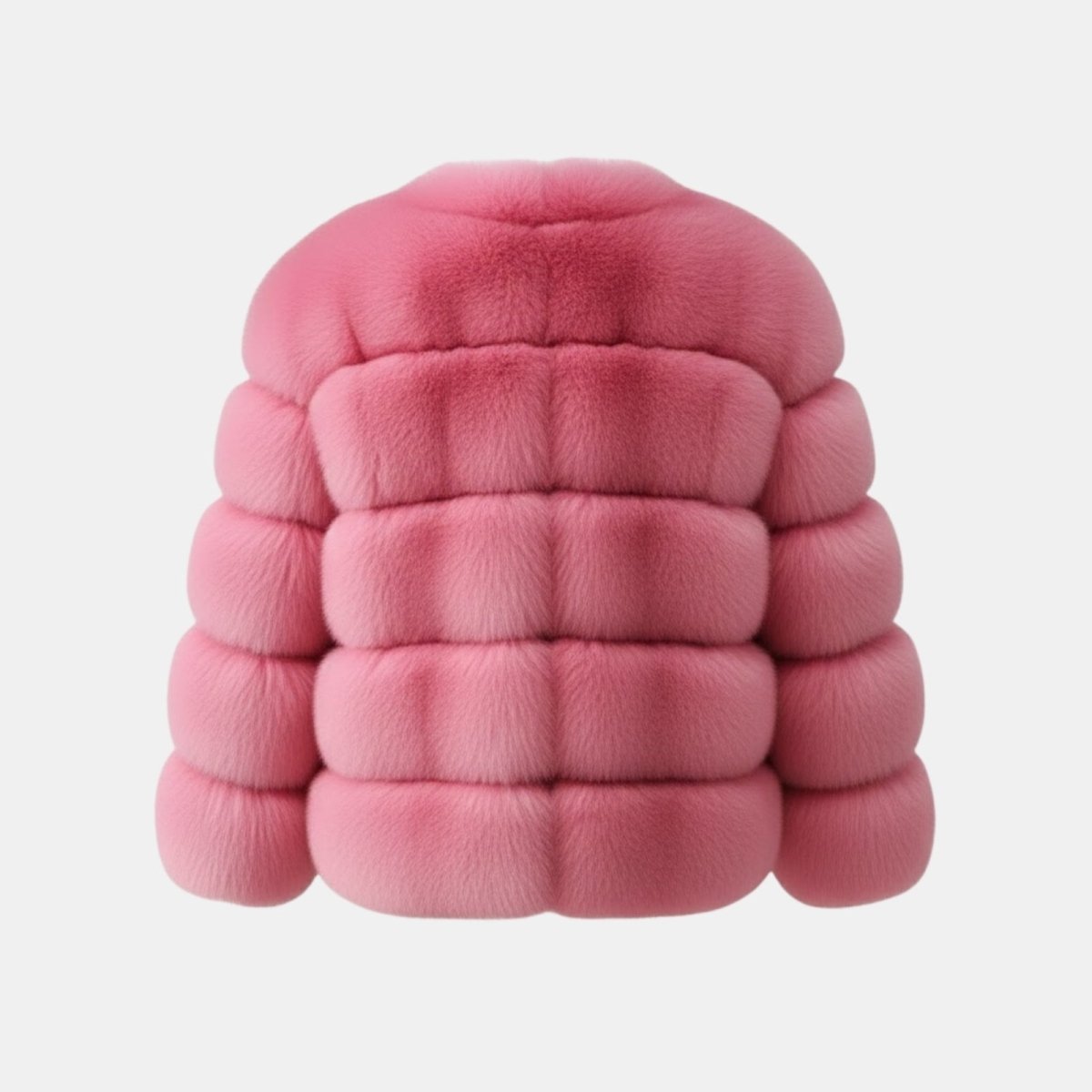 Rear product-only studio shot of the Kouvr Fashion Alexia faux fur jacket, detailing the back paneling.
