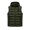 Flatlay product shot of the Kouvr Fashion men's army green hooded puffer vest, zipped up.