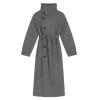 Flat lay of the grey funnel neck wool coat, unbelted, displaying the rich texture of the Italian wool and the placement of the horn buttons.
