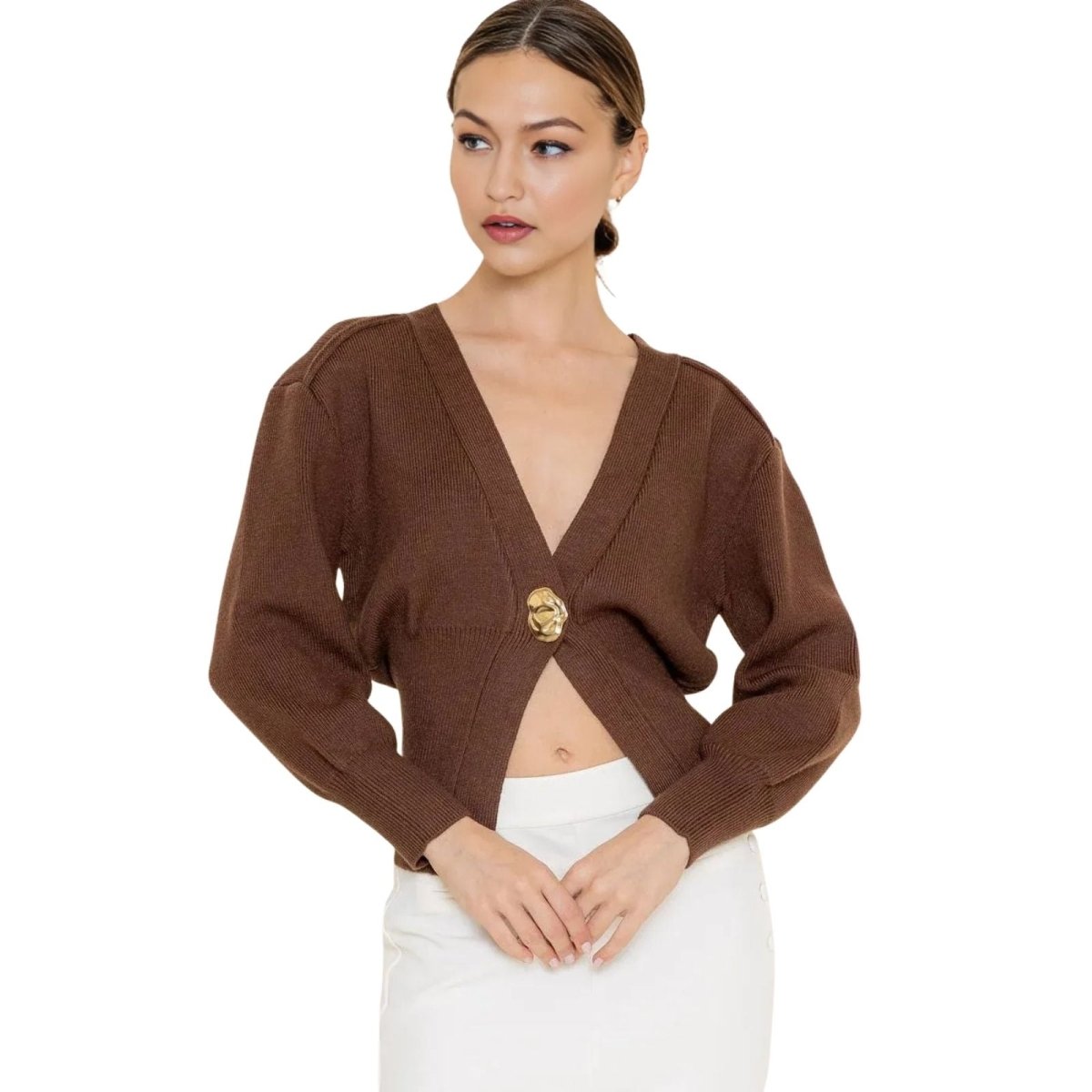 Three-quarter view of a model in the Kouvr Avaline v-neck cropped cardigan in espresso brown.