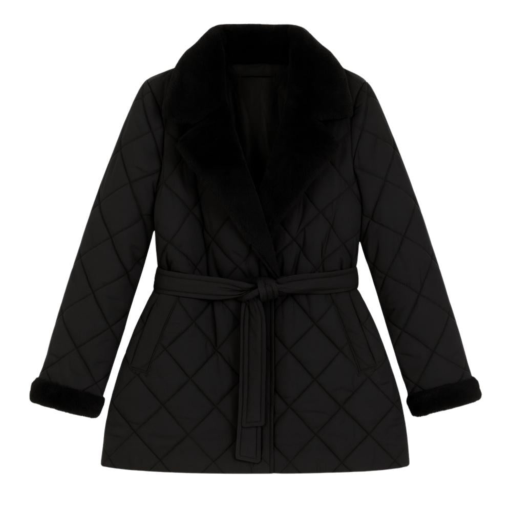 Diamond-stitch, puffer style, shawl collar, shearling trim, insulated outerwear, cold-weather essential, city coat