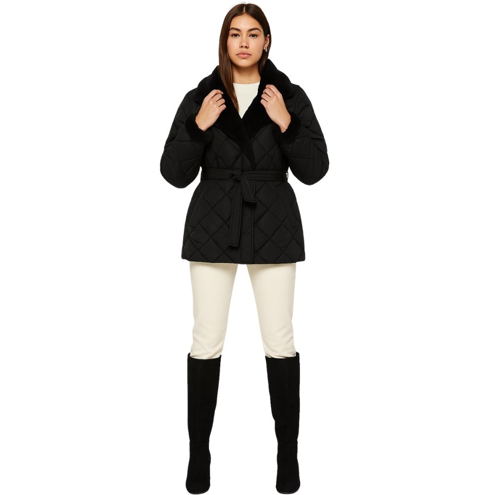Diamond-stitch, puffer style, shawl collar, shearling trim, insulated outerwear, cold-weather essential, city coat