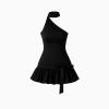 Product flatlay of the black one-shoulder cocktail dress with the waist tie fastened in a bow.