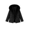 Product flat lay of a black diamond quilted jacket with a large faux fur collar, showing the front snap buttons and pockets.