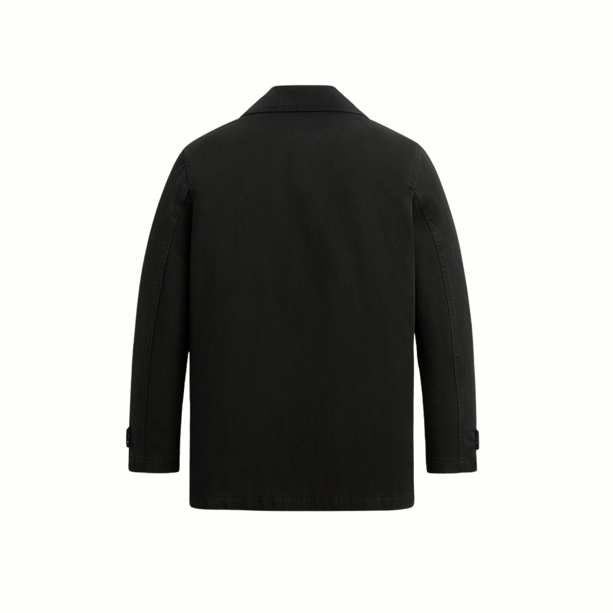 Close-up detail of the notched lapel and custom-cast gold naval buttons on the Kouvr Fashion men's black pea coat.