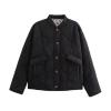 Flat lay of the Kouvr Fashion black quilted jacket, open to show the interior leopard print lining and horn-effect buttons.