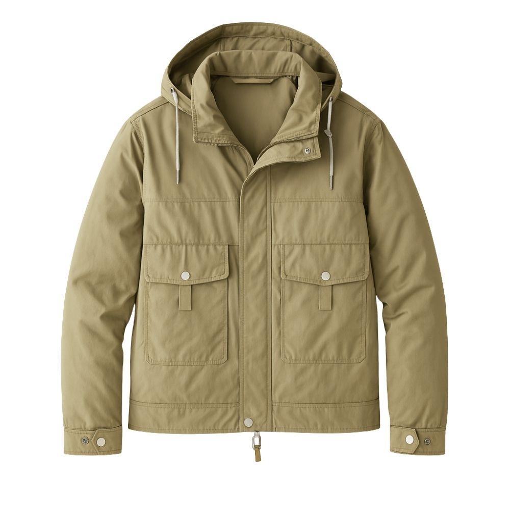 Man wearing the Kouvr Fashion Urbanite Technical Parka in Green over a black turtleneck