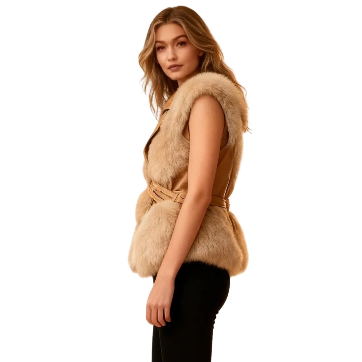 Woman wearing a camel Kouvr fur vest on a white background