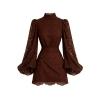 Front product-only shot of the Kouvr Fashion Cassie long sleeve chocolate brown lace mini dress on a grey background.