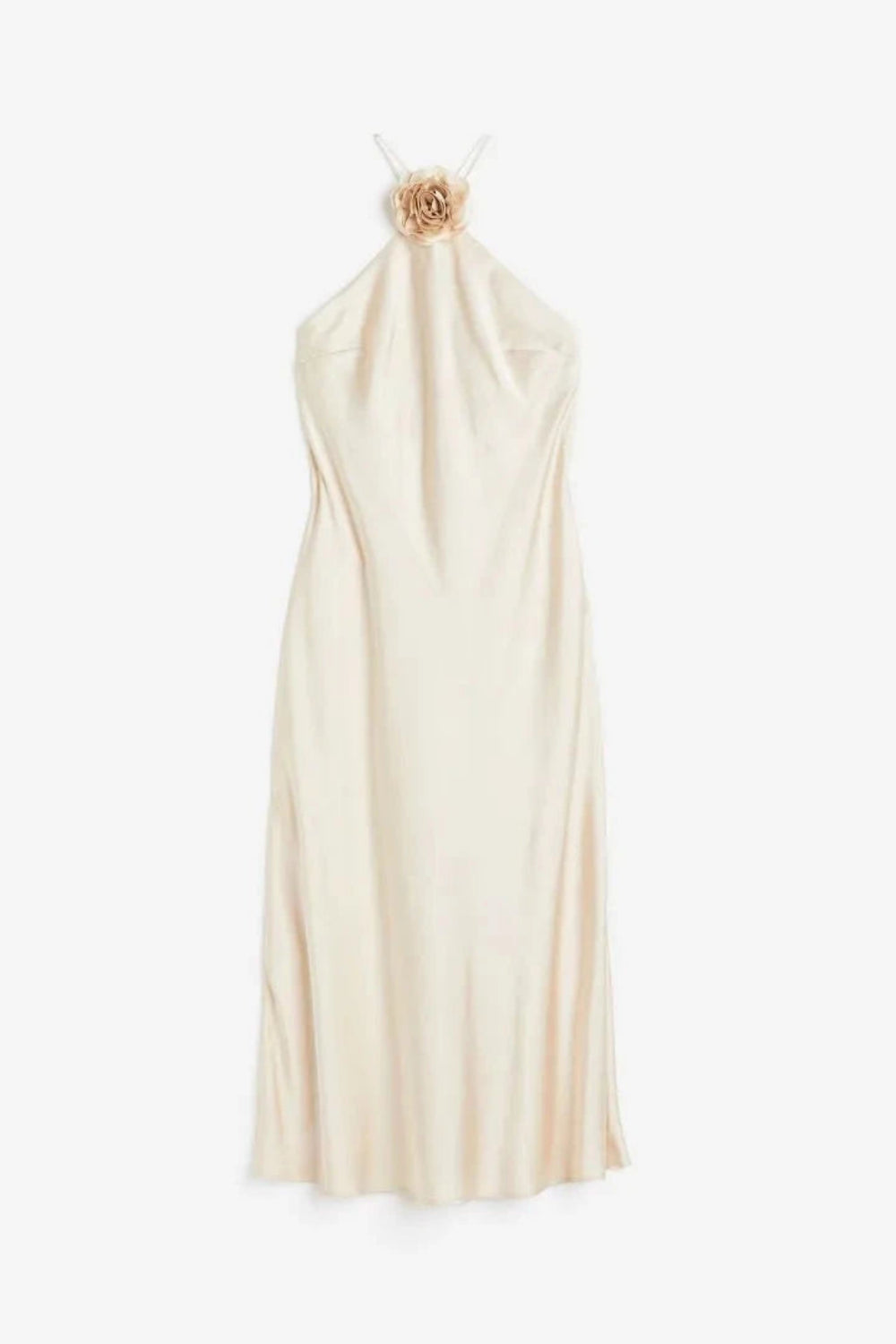 Model from behind wearing the Kouvr Fashion Cathalina beige satin halter dress showing the open back and criss-cross straps