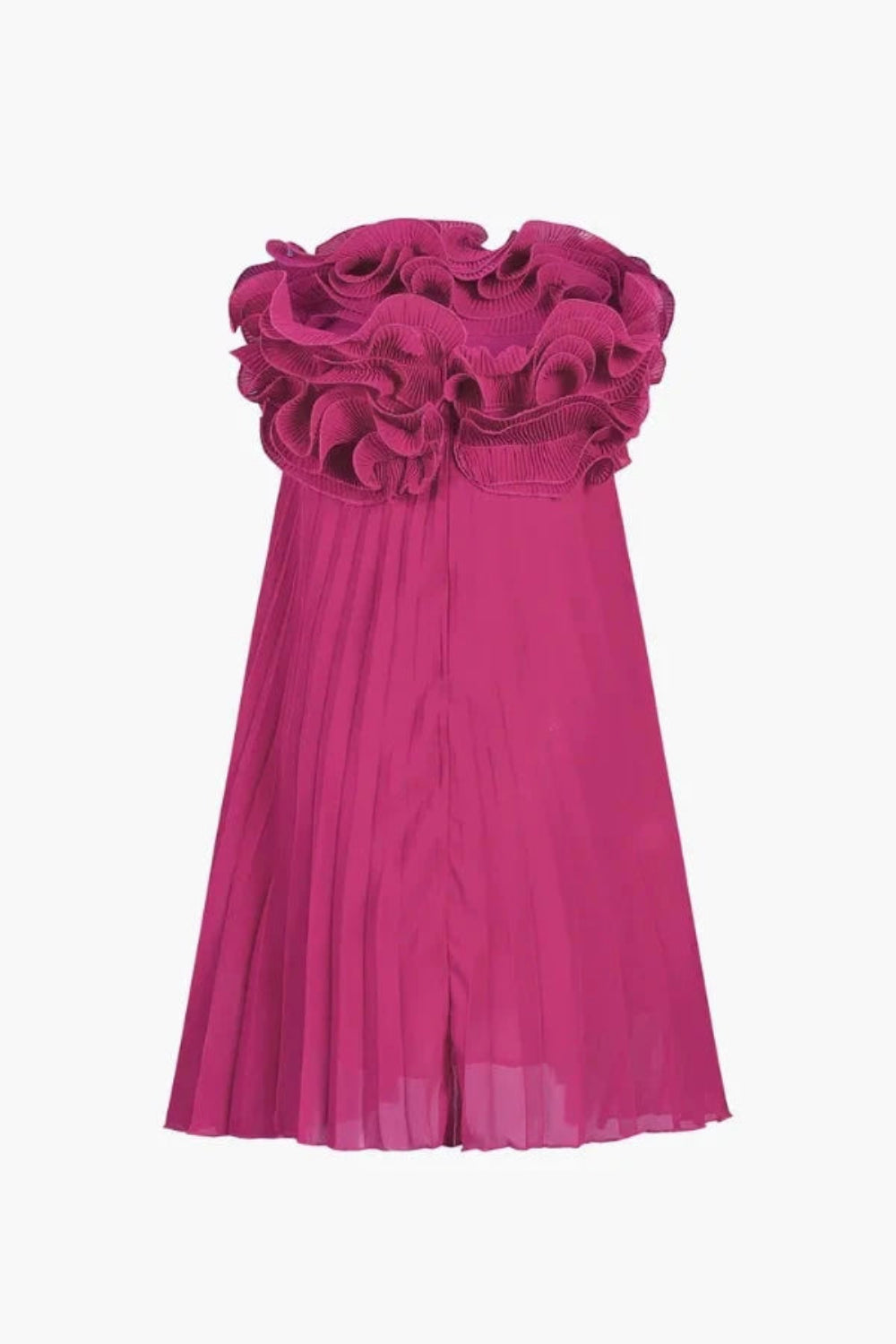 Model wearing the Kouvr Fashion Chitty Pink Ruffle Strapless Mini Dress