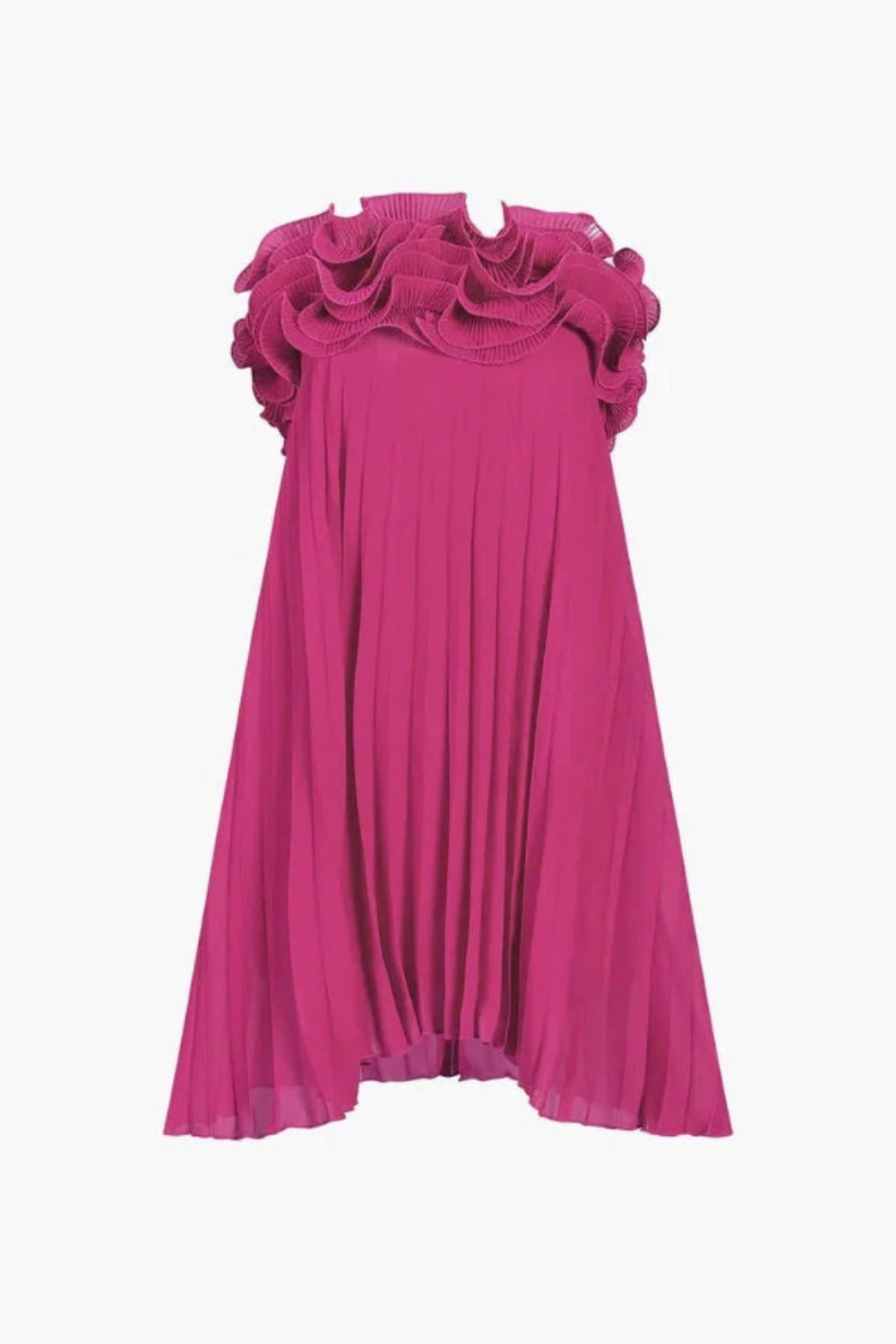 Model wearing the Kouvr Fashion Chitty Pink Ruffle Strapless Mini Dress