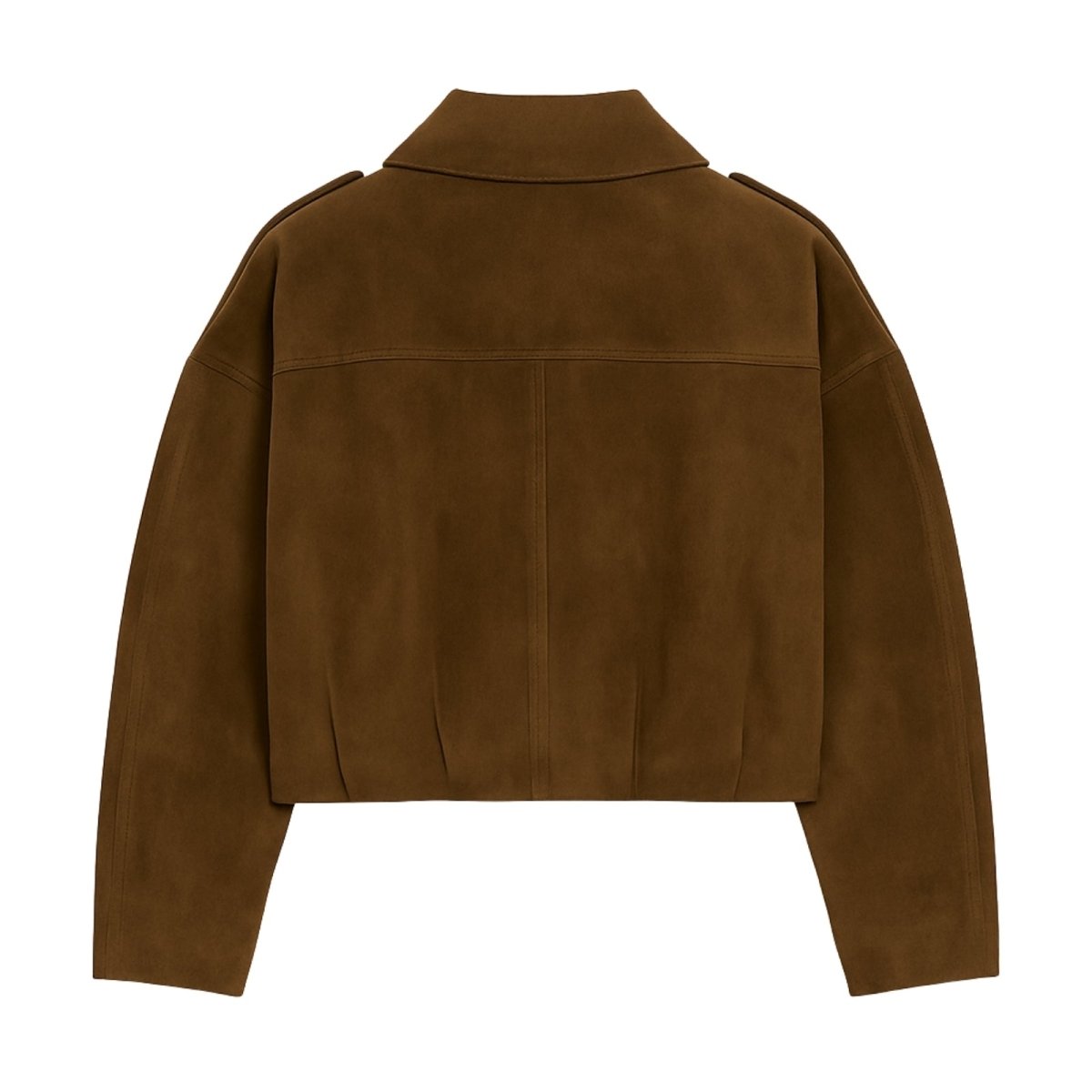 Flat lay product shot of the Kouvr Fashion cropped suede bomber jacket with gold zipper detail.