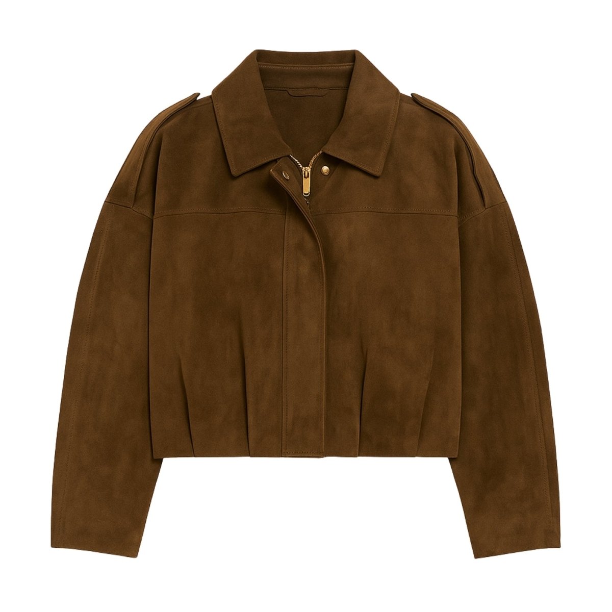 Flat lay product shot of the Kouvr Fashion cropped suede bomber jacket with gold zipper detail.