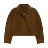 Flat lay product shot of the Kouvr Fashion cropped suede bomber jacket with gold zipper detail.