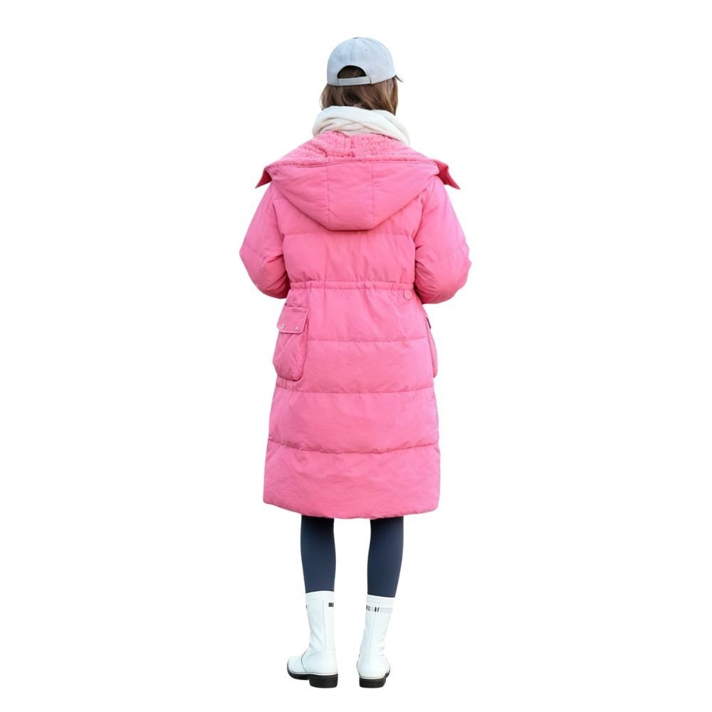 Model wearing the women's long black hooded down puffer coat