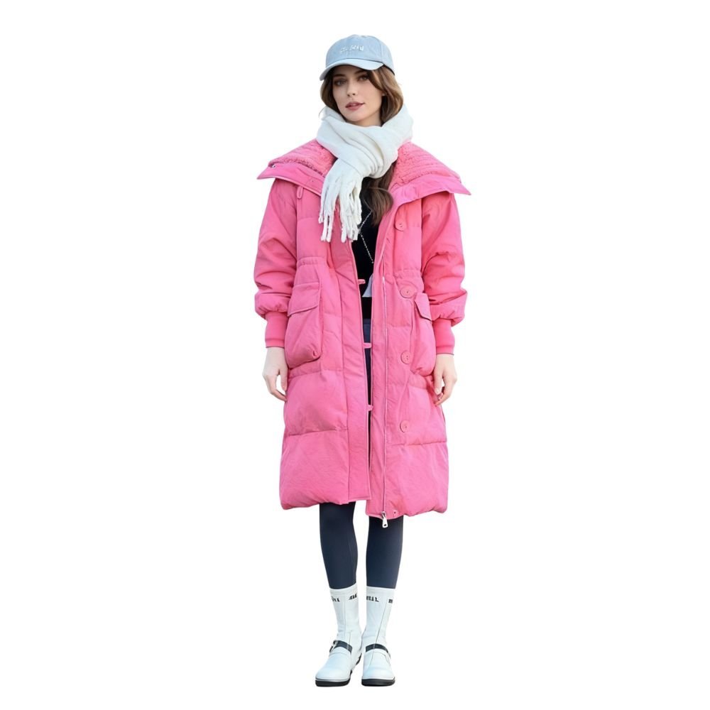 Model wearing the women's long black hooded down puffer coat