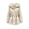 Flat lay product shot of the beige women's winter parka with sherpa lining and adjustable waist drawstrings visible.