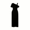 sculptural silhouette, draped jersey, architectural design, modern elegance, figure-flattering, minimalist formalwear, elevated essential.