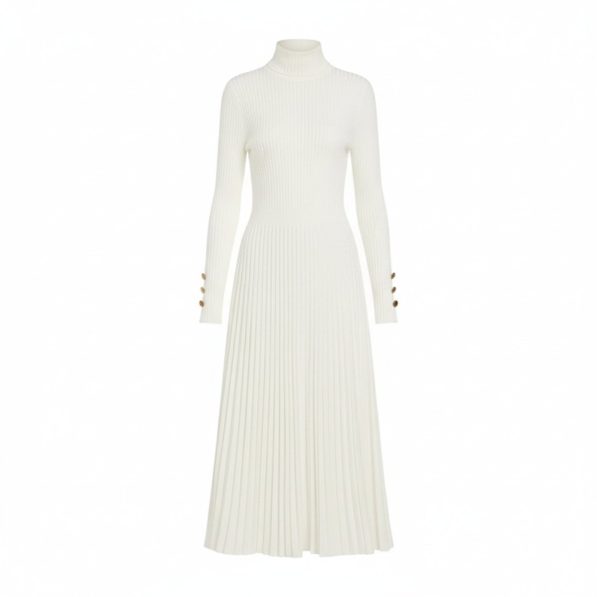 Product flatlay of the white Dianne turtleneck sweater dress from the front, displayed on a white background to show texture and detail.