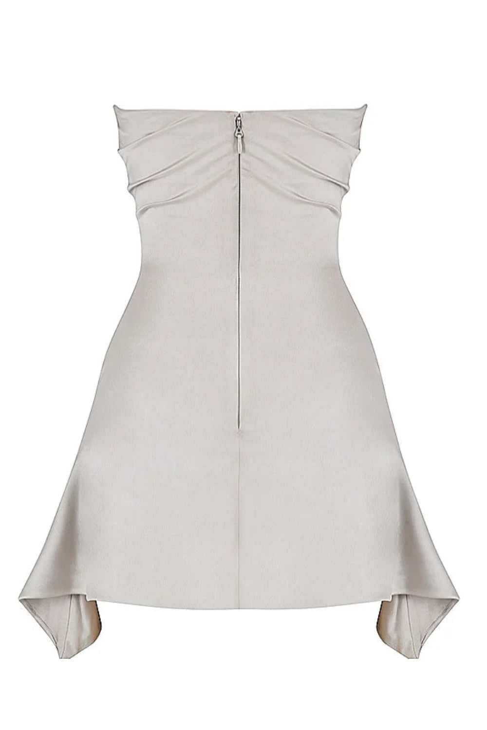 sculpted silhouette," "draped cocktail dress," "asymmetrical hem," "bandeau neckline," and "evening wear