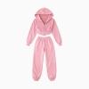 Flat lay of the pink cropped zip-up hoodie and matching joggers set by Kouvr Fashion.