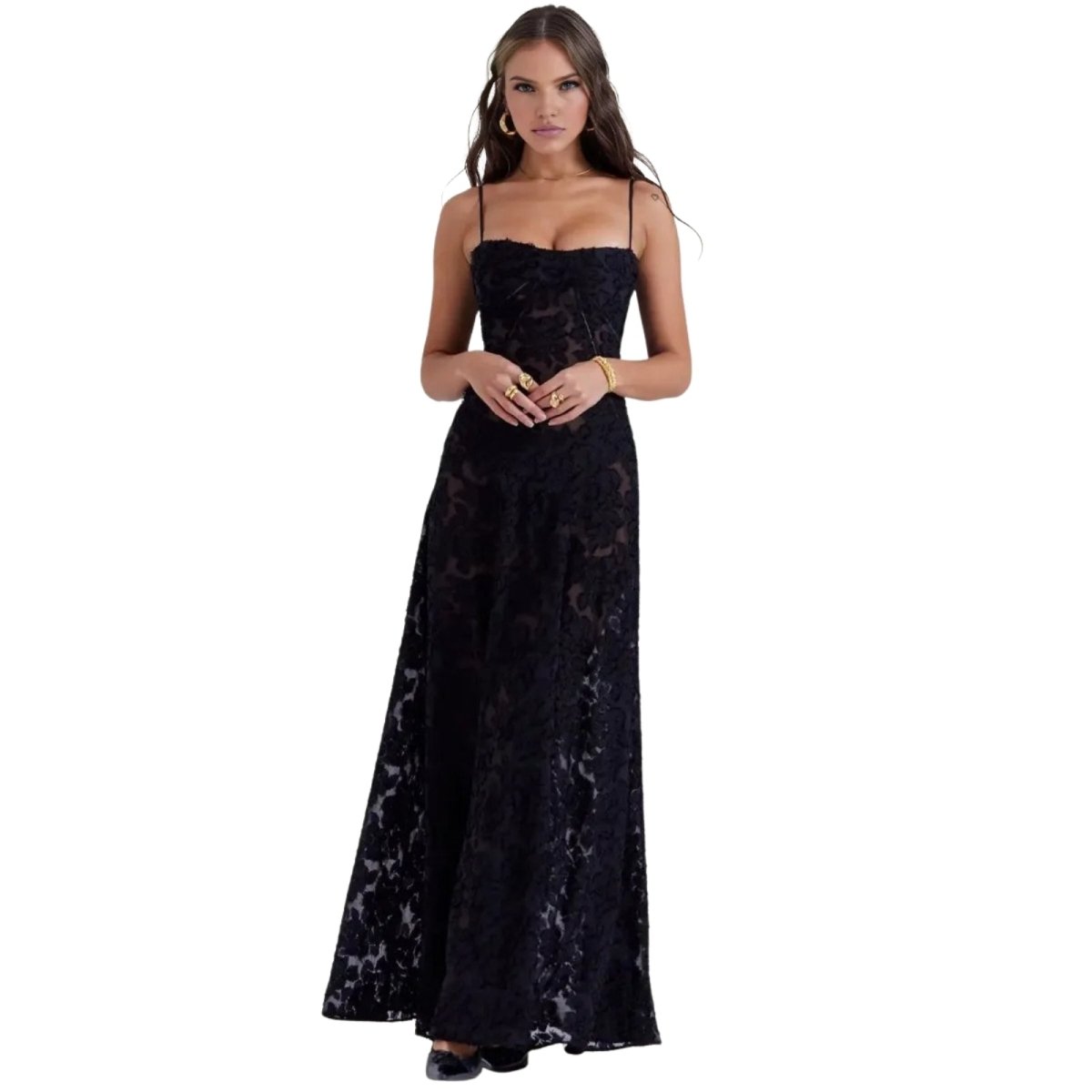 Woman wearing a black Kouvr lace evening gown on a white background