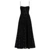 Woman wearing a black Kouvr lace evening gown on a white background