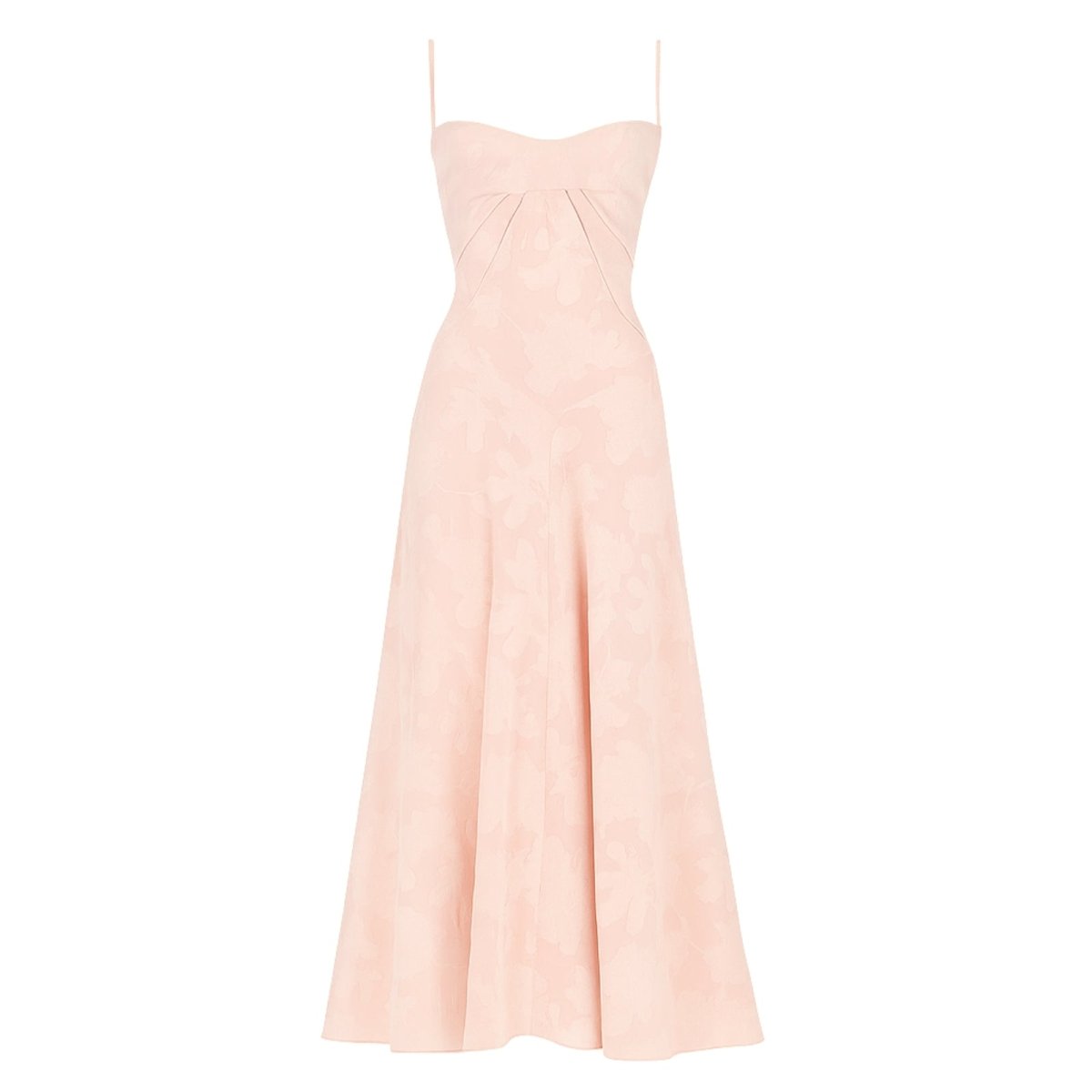 Woman wearing a long, light pink Kouvr dress on a white background