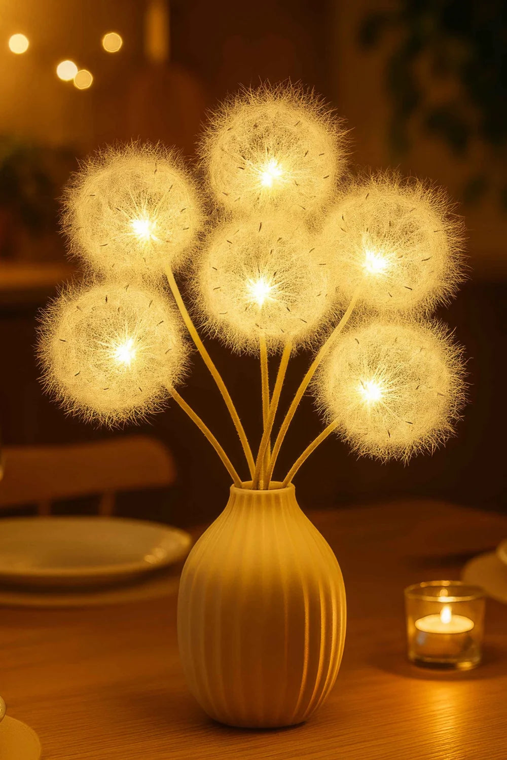 Close-up of the Kouvr Floral Accent Lamp, showing the detailed, glowing dandelion heads in a white ceramic vase on a dining table.