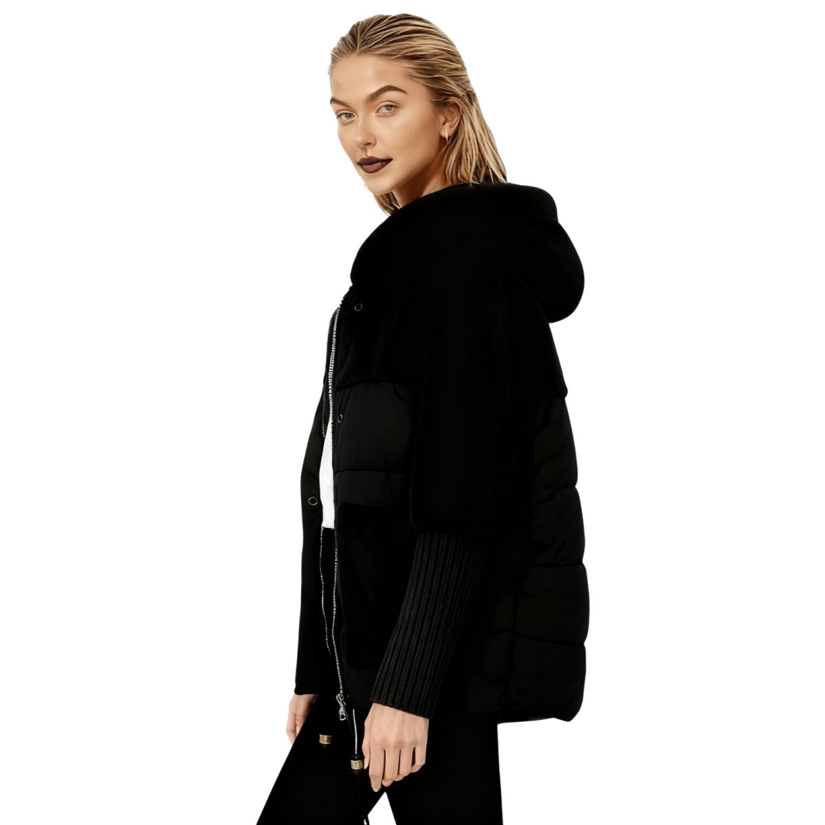Person wearing a black kouvr hooded jacket on a white background