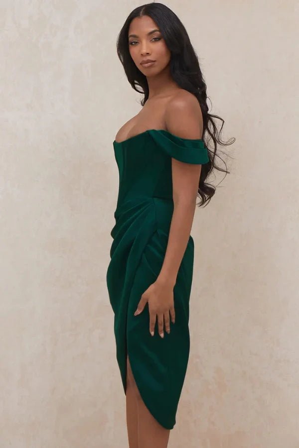 Bardot neckline, structured bodice, boning detail, asymmetrical draped skirt, thigh-high slit, and "Duchess satin