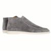 A studio product shot showing the side profile of a pair of men's grey suede loafer chukka boots with a clean white rubber sole.